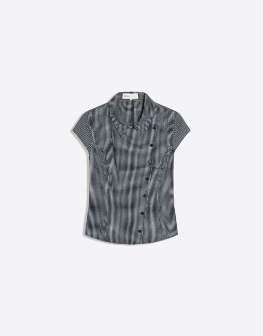 Bershka Short sleeve cross-button shirt in navy, 5 of 5
