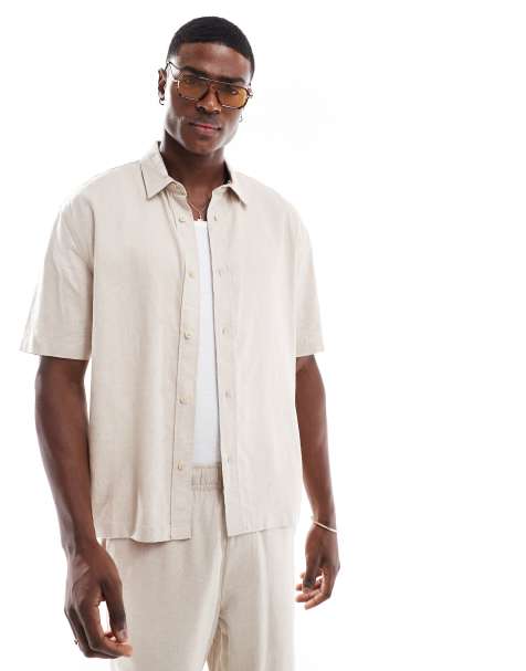 Bershka short sleeve linen rich shirt in beige - BEIGE