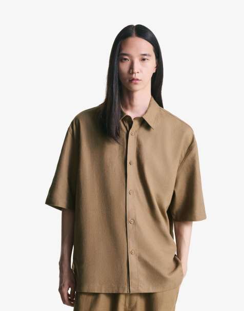 Bershka Short sleeve linen rich shirt in camel - CAMEL