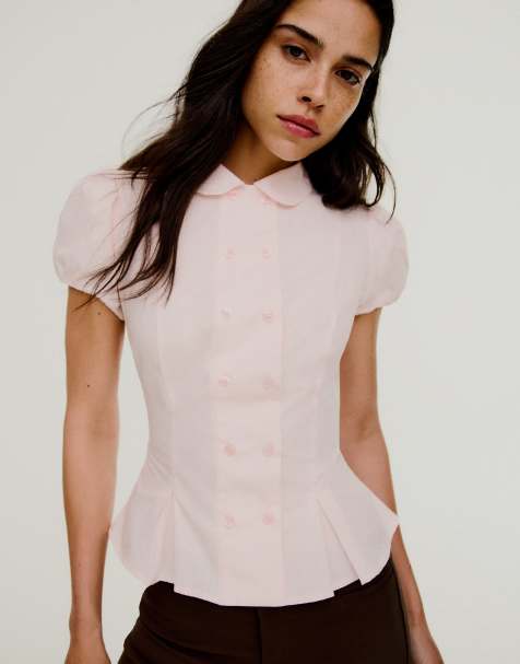 Bershka Short sleeve peter pan collar shirt in pink - view 1