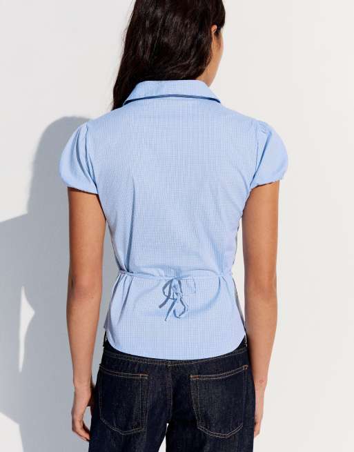 Bershka Short sleeve poplin shirt with bow in denim blue, 3 of 5