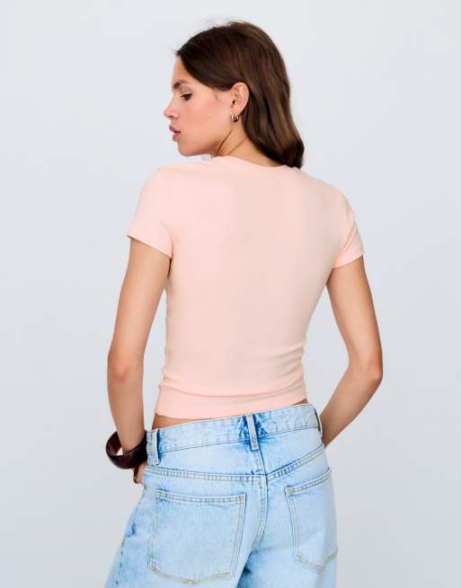 Bershka Short sleeve print and bead t-shirt in pink, 2 of 4