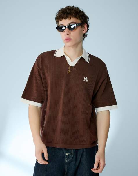 Bershka Short sleeve print polo shirt in brown - view 1