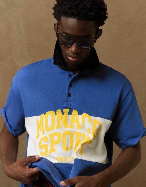 Bershka Short sleeve print polo shirt in denim blue, 5 of 5