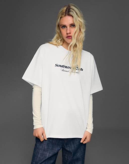 Bershka Short sleeve print t-shirt in white, 2 of 4