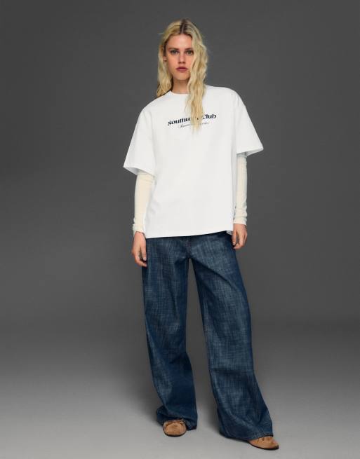 Bershka Short sleeve print t-shirt in white, 3 of 4