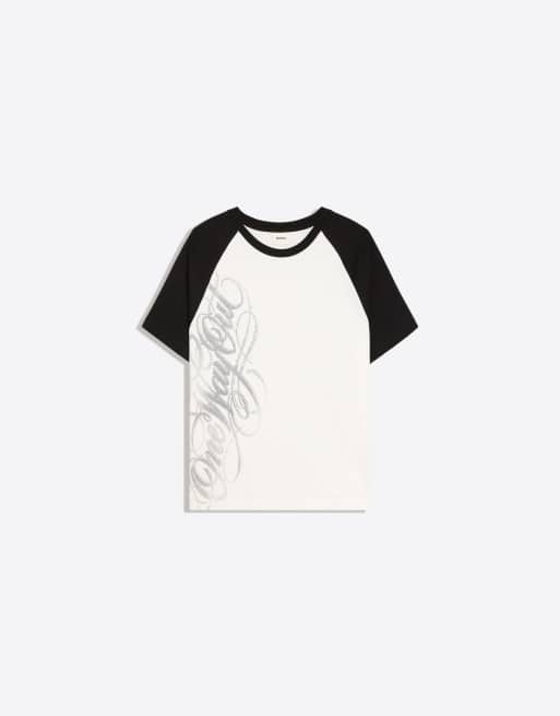Bershka Short sleeve raglan print t-shirt in white, 5 of 5