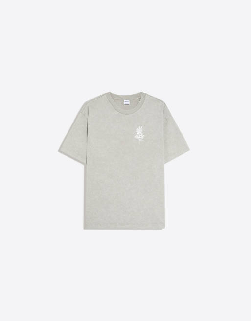 Bershka Short sleeve relaxed fit print t-shirt in grey, 5 of 5
