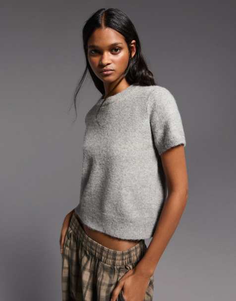 Bershka Short sleeve round neck jumper in grey - view 1