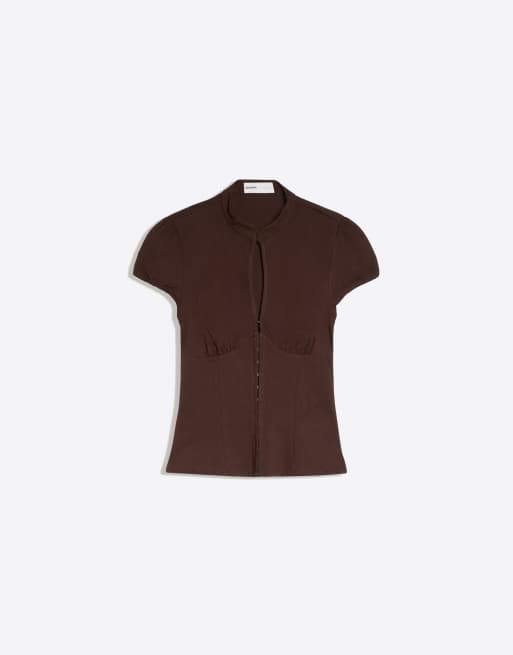 Bershka Short sleeve shirt with press-stud fastening in brown, 5 of 5