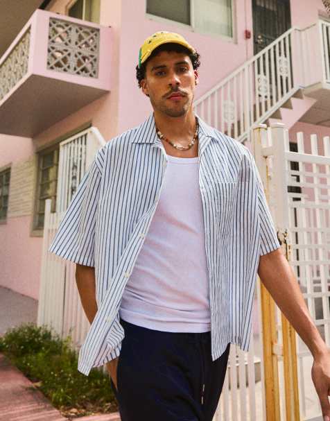 Bershka Short sleeve stripe shirt in ecru