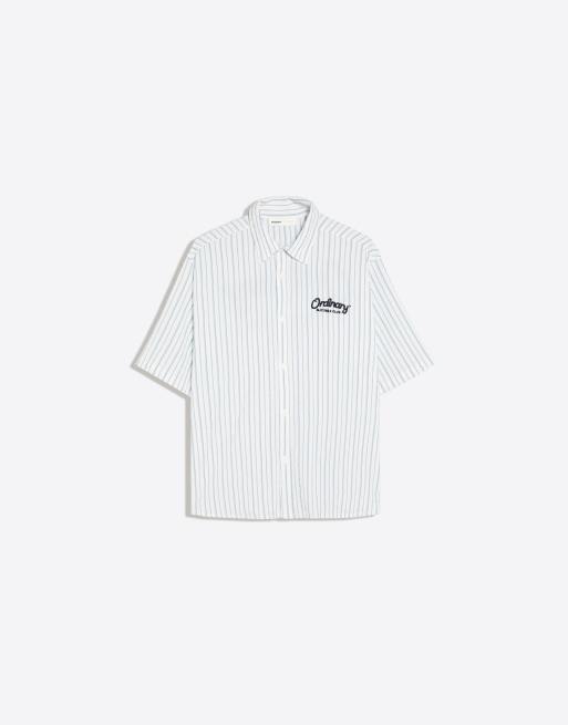 Bershka Short sleeve striped shirt with back print in white, 6 of 6