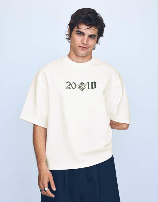 Bershka Short sleeve sweatshirt print t-shirt in ecru, 2 of 4