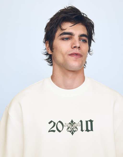 Bershka Short sleeve sweatshirt print t-shirt in ecru, 4 of 4