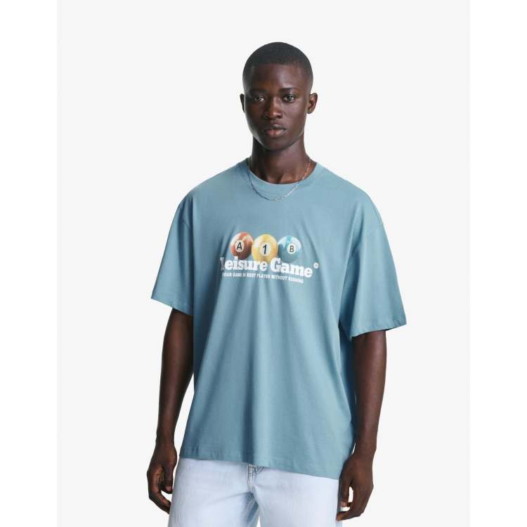 Bershka Short sleeve t-shirt with print in mid blue | ASOS