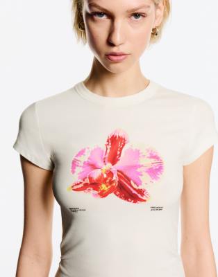 Bershka short sleeve t-shirt with print in pink