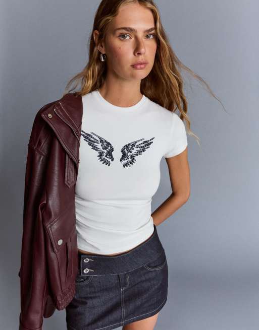 Bershka Short sleeve t-shirt with studded print in white | ASOS