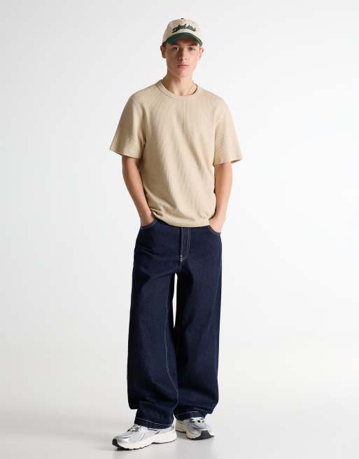 Bershka Short sleeve textured t-shirt in camel, 3 of 4