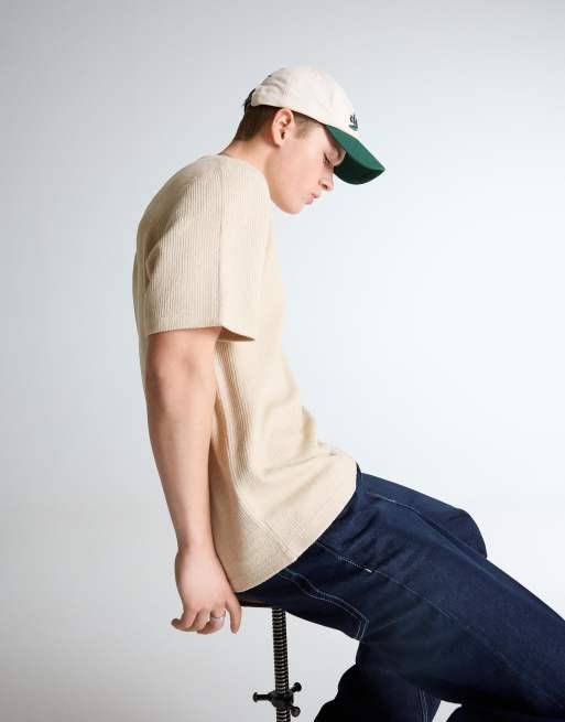 Bershka Short sleeve textured t-shirt in camel, 4 of 4