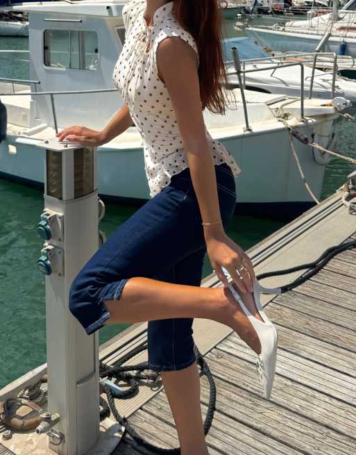 Bershka Short sleeve tulle polka dot t-shirt in white, 4 of 5