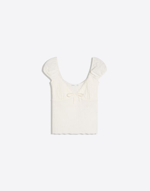 Bershka Short sleeve waffle-knit t-shirt in ecru, 4 of 4