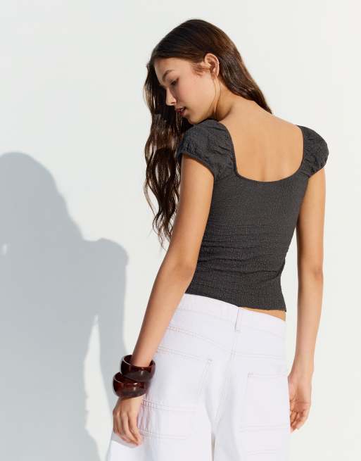 Bershka Short sleeve waffle-knit t-shirt in washed grey, 2 of 4