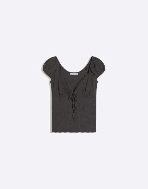 Bershka Short sleeve waffle-knit t-shirt in washed grey, 4 of 4