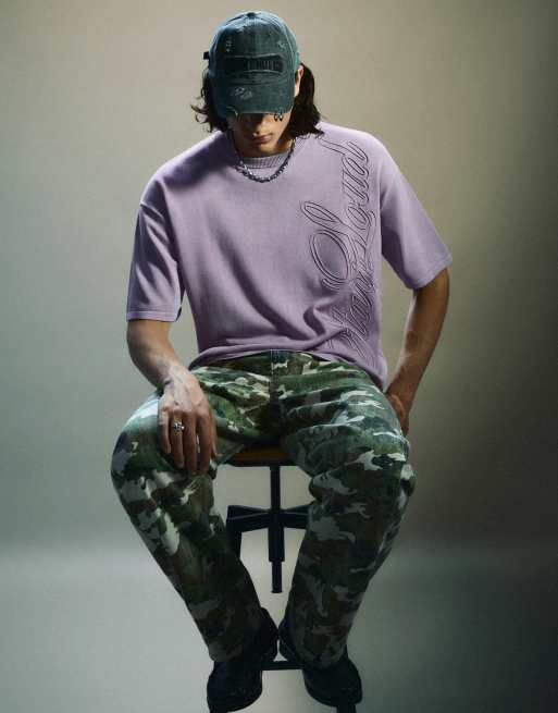 Bershka Short sleeve washed effect embroidered t-shirt in purple, 3 of 6