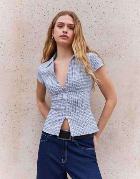 Bershka Short sleeve zip print shirt in denim blue - view 1