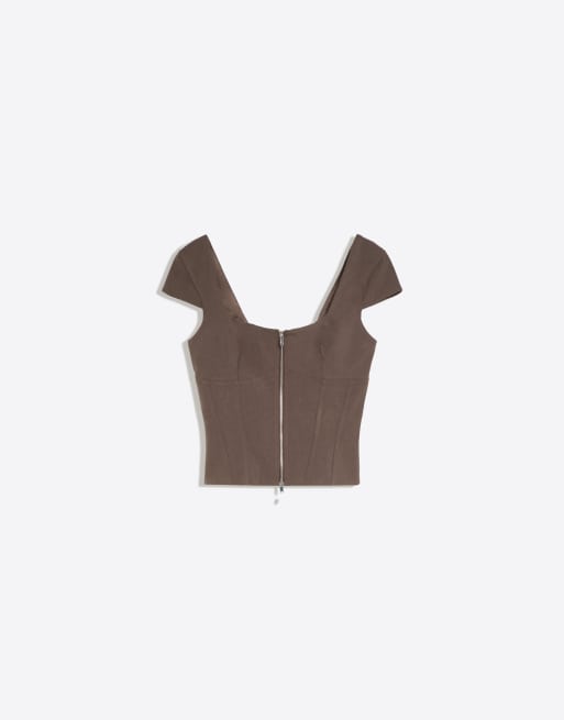 Bershka Short sleeve zip top in brown, 5 of 5
