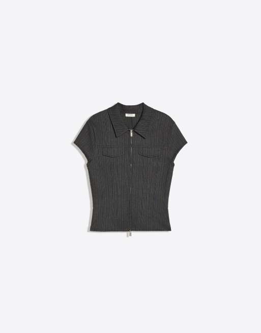 Bershka Short sleeve zip-up shirt in grey, 5 of 5