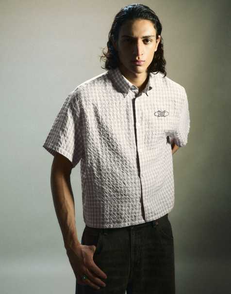 Bershka Short-sleeved boxy print shirt in washed grey - view 1