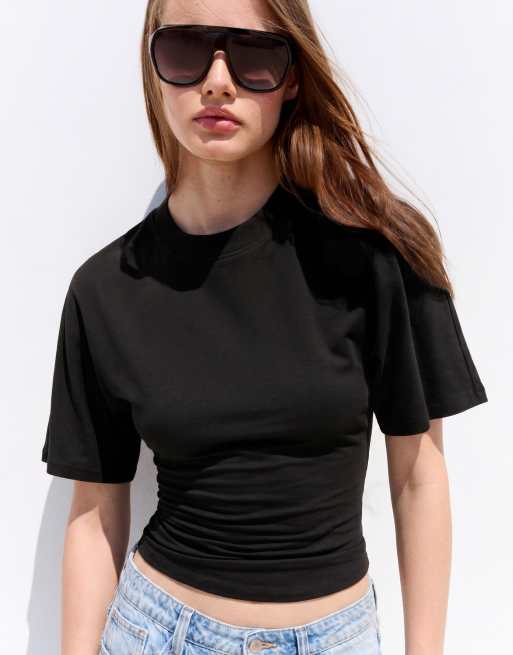 Bershka Short-sleeved corset t-shirt in black, 2 of 5