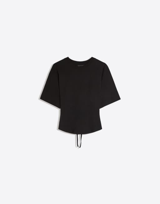 Bershka Short-sleeved corset t-shirt in black, 5 of 5