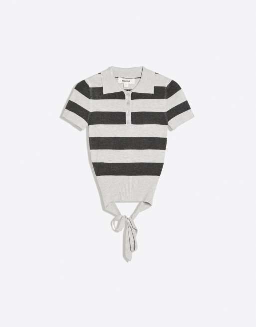 Bershka Short-sleeved stripe knit jumper in grey, 5 of 5