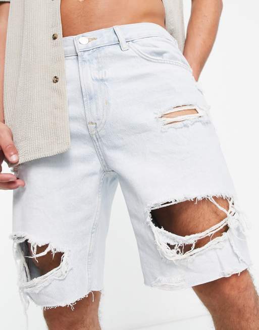 Bershka - Short slim en jean effet vieilli - Bleu clair