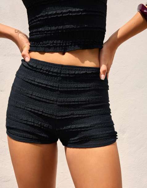 Bershka - Short texturé à volants - Noir - view 1