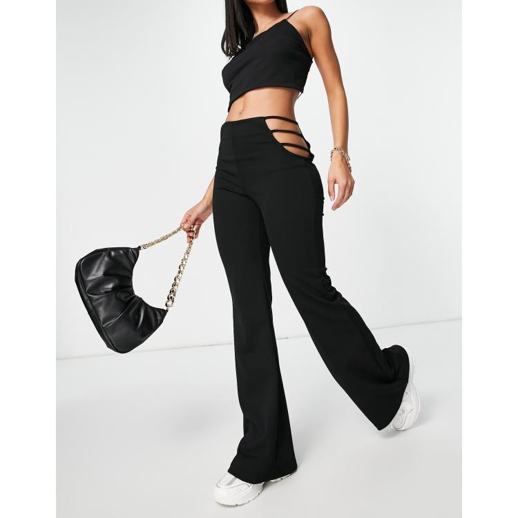 Bershka side cut out strappy flare pants in black