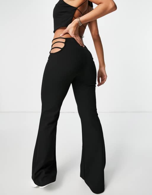 Black Stretch Satin Cut Out Hip Flared Pants