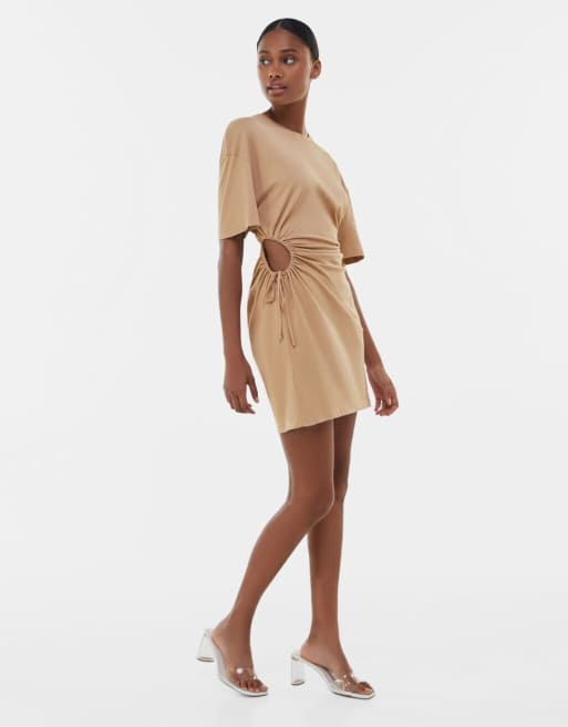 Bershka side cut out t shirt dress in camel