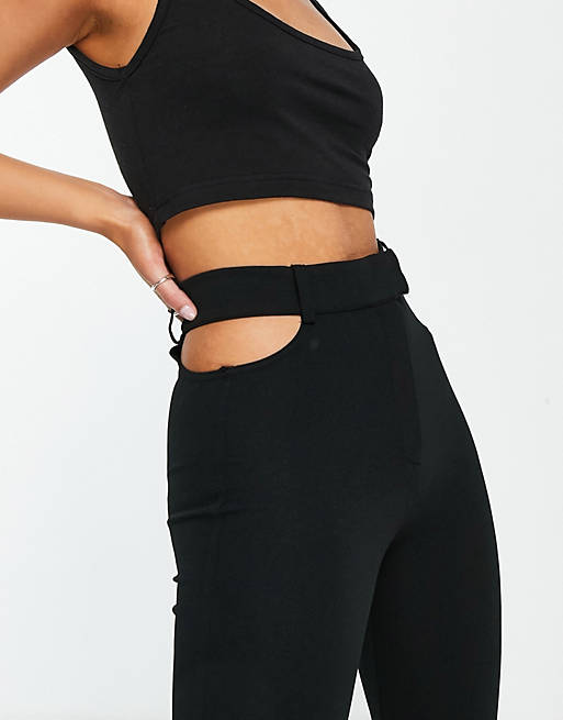  Bershka side cut out tailored flare trouser in black 