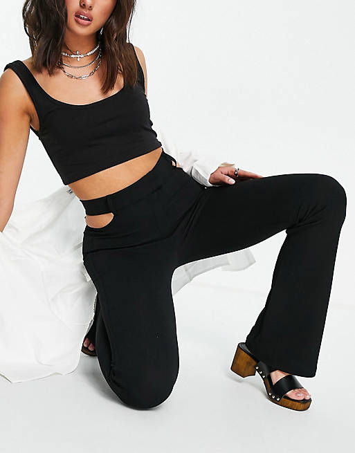  Bershka side cut out tailored flare trouser in black 