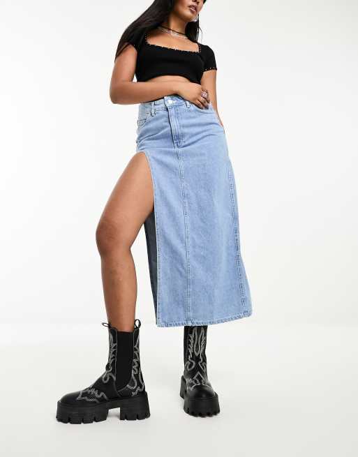 Bershka side split denim midi skirt in light wash