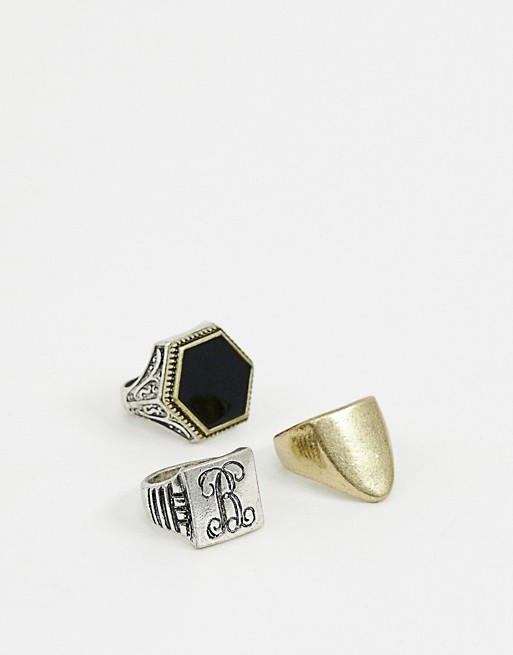 Bershka signet ring 3-pack in silver and gold