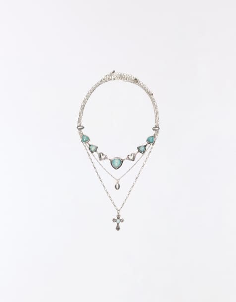 Bershka – Silverfärgade halsband med turkos smyckessten, 3-pack - view 1