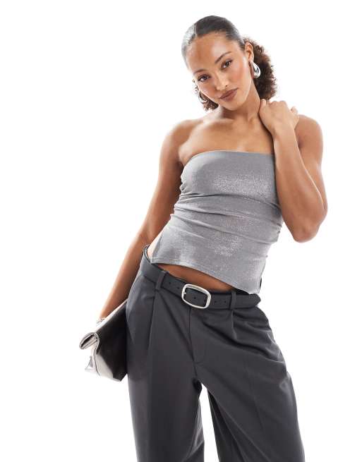 Bershka – Silverglittrig bandeau-topp med rynkade sidor