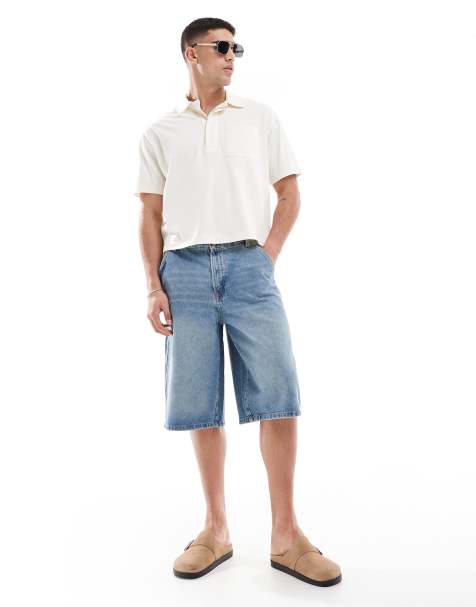 Bershka skater fit denim shorts in mid blue - view 1