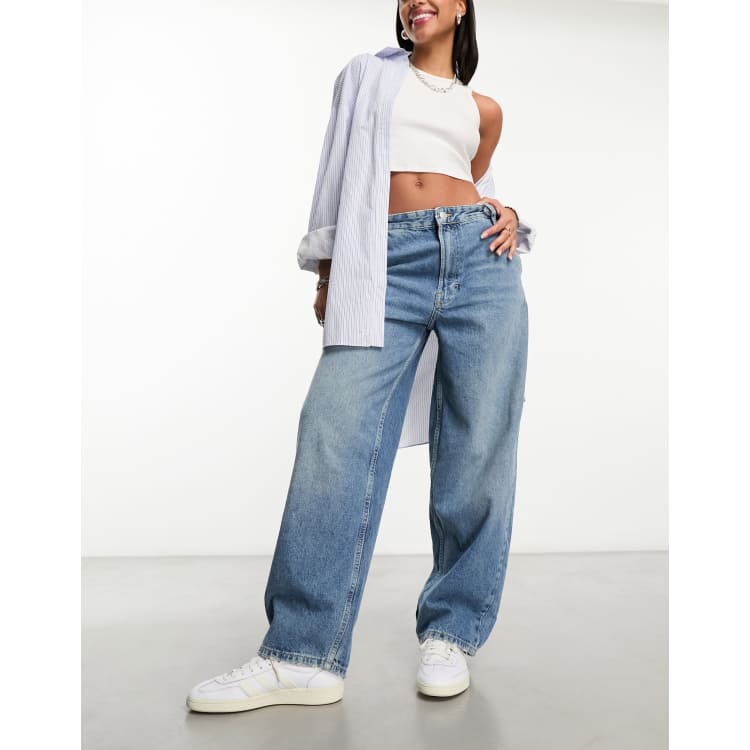 Bershka skater jeans in mid blue dirty wash | ASOS