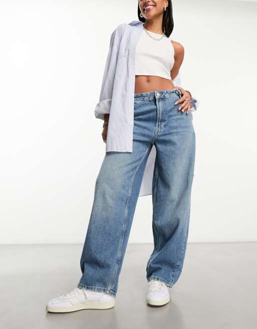 Bershka - Skater jeans in middenblauw met 'dirty' wassing