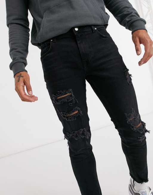 Bershka skinny fit jeans with rips in black